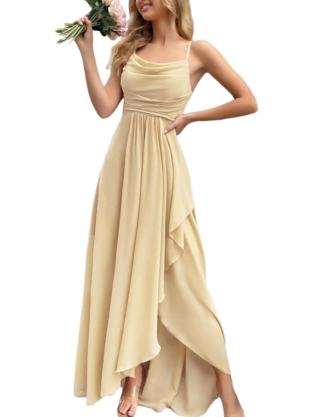 Women's Creamy Yellow Cowl Neck Spaghetti Strap Cocktail Bodycon Maxi Dress